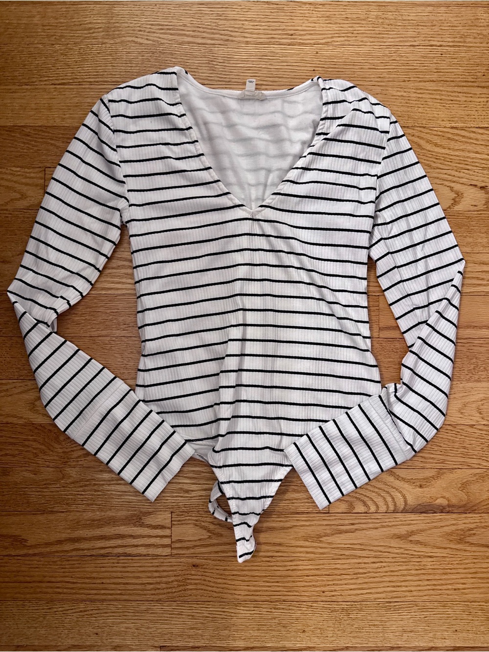 Pilcro White and Black Striped Ribbed V-Neck Bodysuit